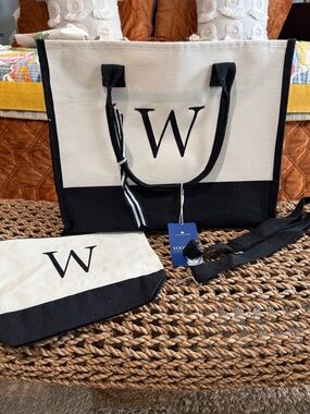 Monogram Canvas Tote with Matching Pouch - Black & Cream